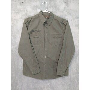 Point Zero Shirt Mens XL Green Army Graphic Button Up Long Sleeve Cotton